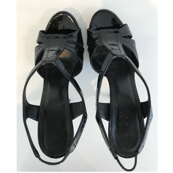 YVES SAINT LAURENT BLACK PATENT TRIBUTE PLATFORM SANDALS SIZE IT 37.5 / US 7.5 - Picture 11 of 13